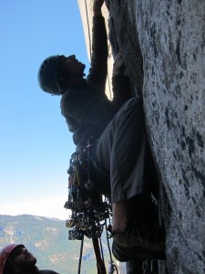 Free climbing the start of the famous Changing Corners pitch